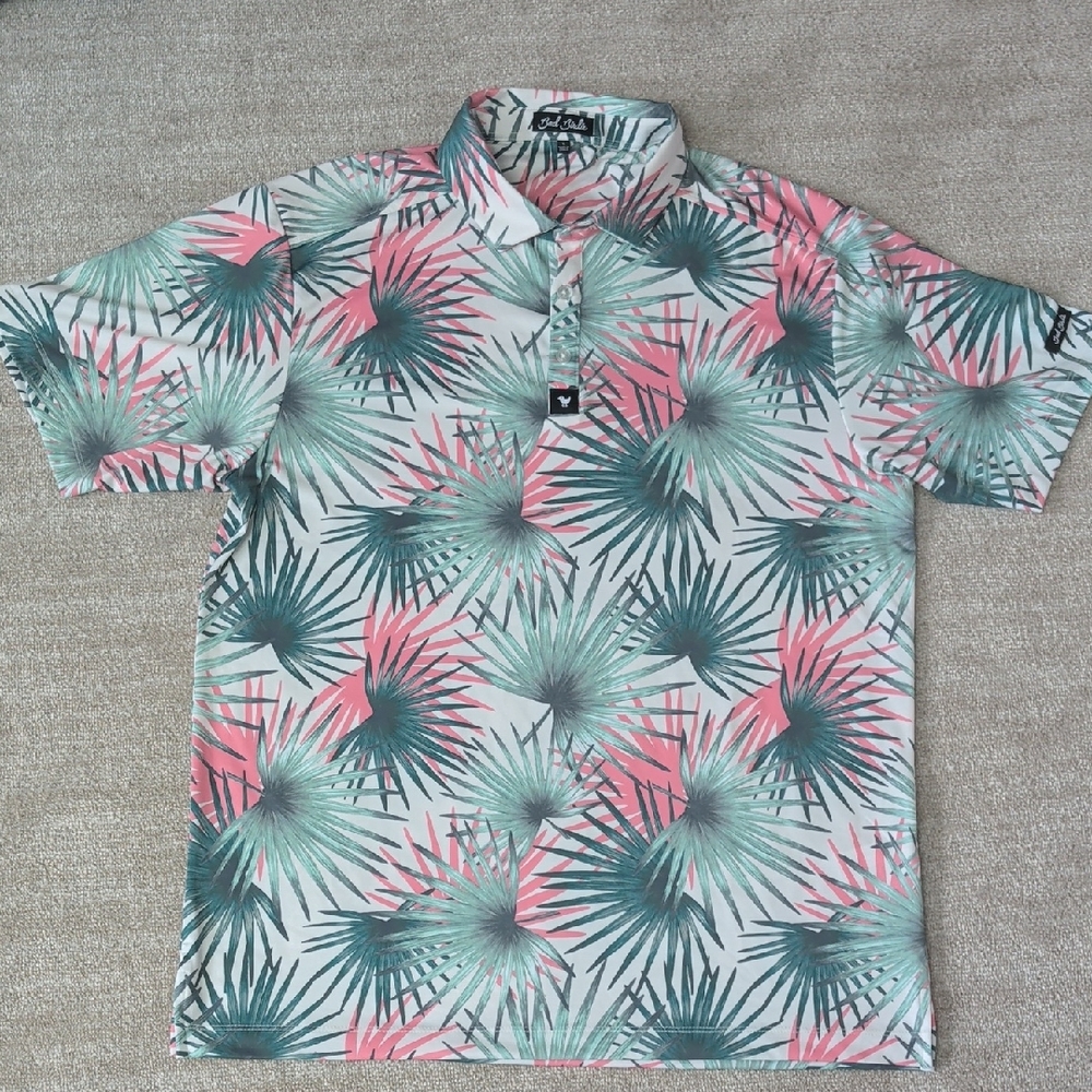 Bad Birdie Pink and Green Palm Print Polo Shirt